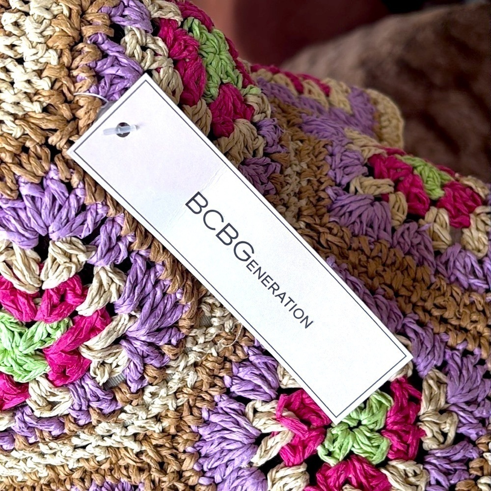 Brand New BCBGeneration Straw Woven Hat Crochet Patchwork Floral Floppy Beach - Picture 4 of 15